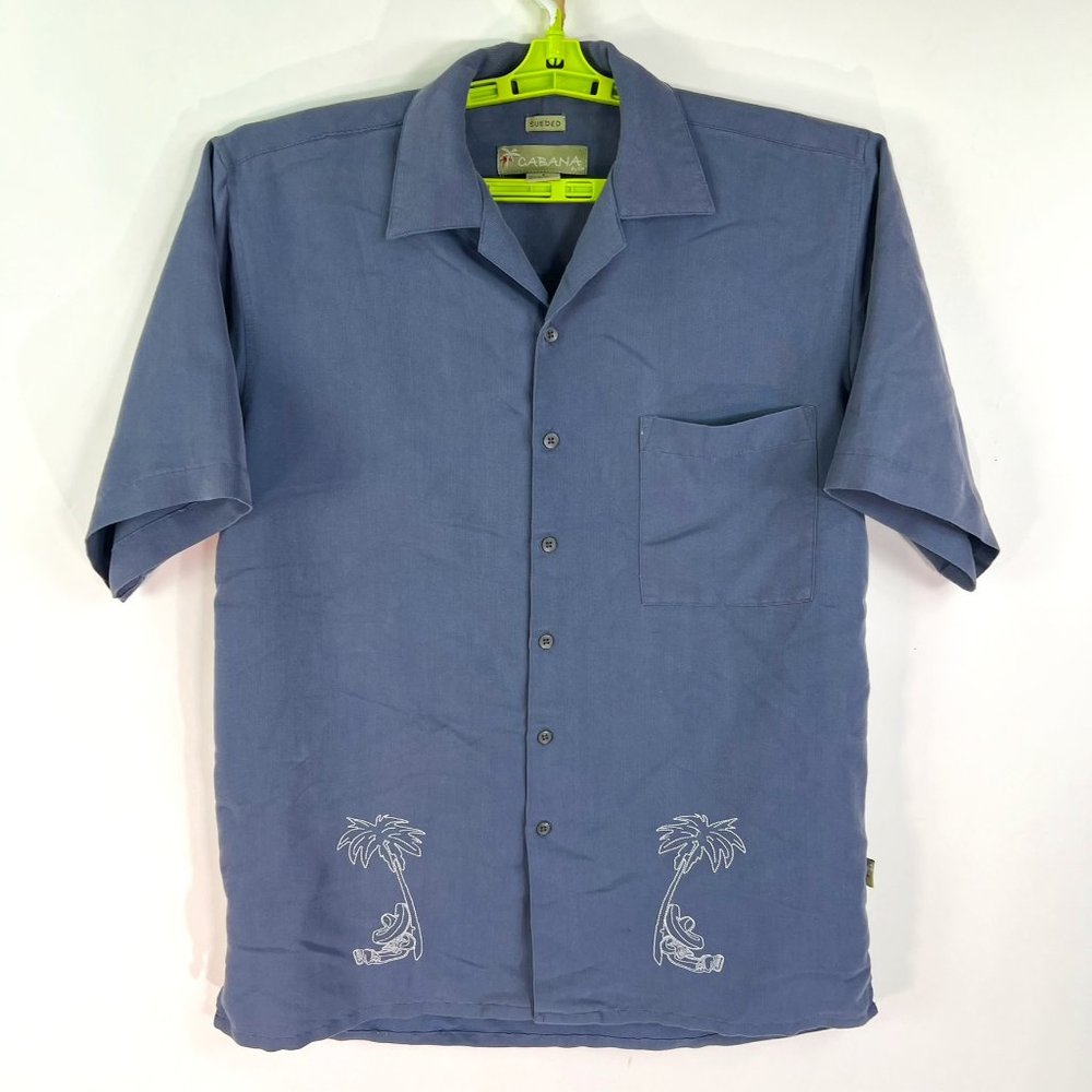 Cabana Button Up Casual Shirt Mens Size S Blue Embroidered Palms Sueded Pocket